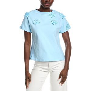 Gracia Womens  Flower Applique Solid Color T-Shirt, Blue